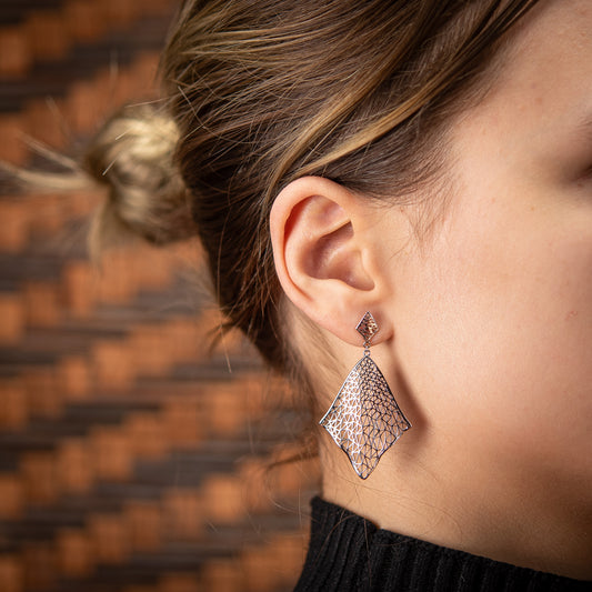 Sterling Silver, Rhodium Plated Geometric Diamond Shape Stud Earrings