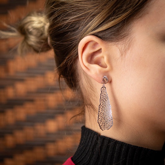 Sterling Silver, Rhodium Plated Geometric Long Abstract Leaf Stud Earrings