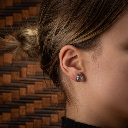 Sterling Silver, Rhodium Plated Geometric Teardrop Honeycomb Stud Earrings