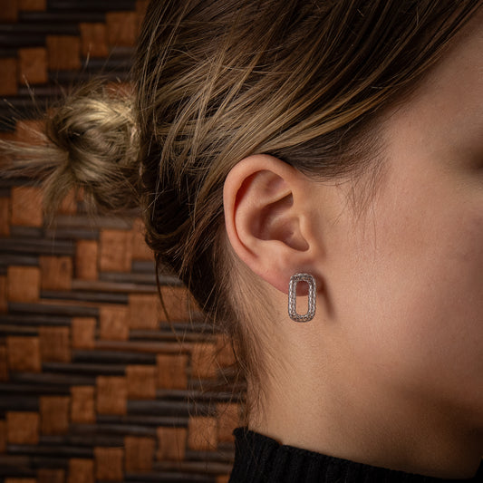 Sterling Silver, Rhodium Plated Ellipse with Diamond Pattern Stud Earrings