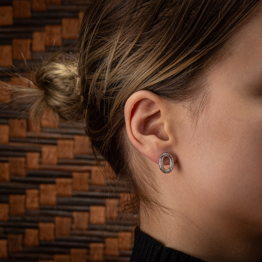 Sterling Silver, Rhodium Plated Geometric Oval Honeycomb Stud Earrings