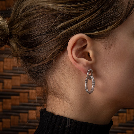 Sterling Silver, Rhodium Plated Geometric Honeycomb Cable Stud Earrings