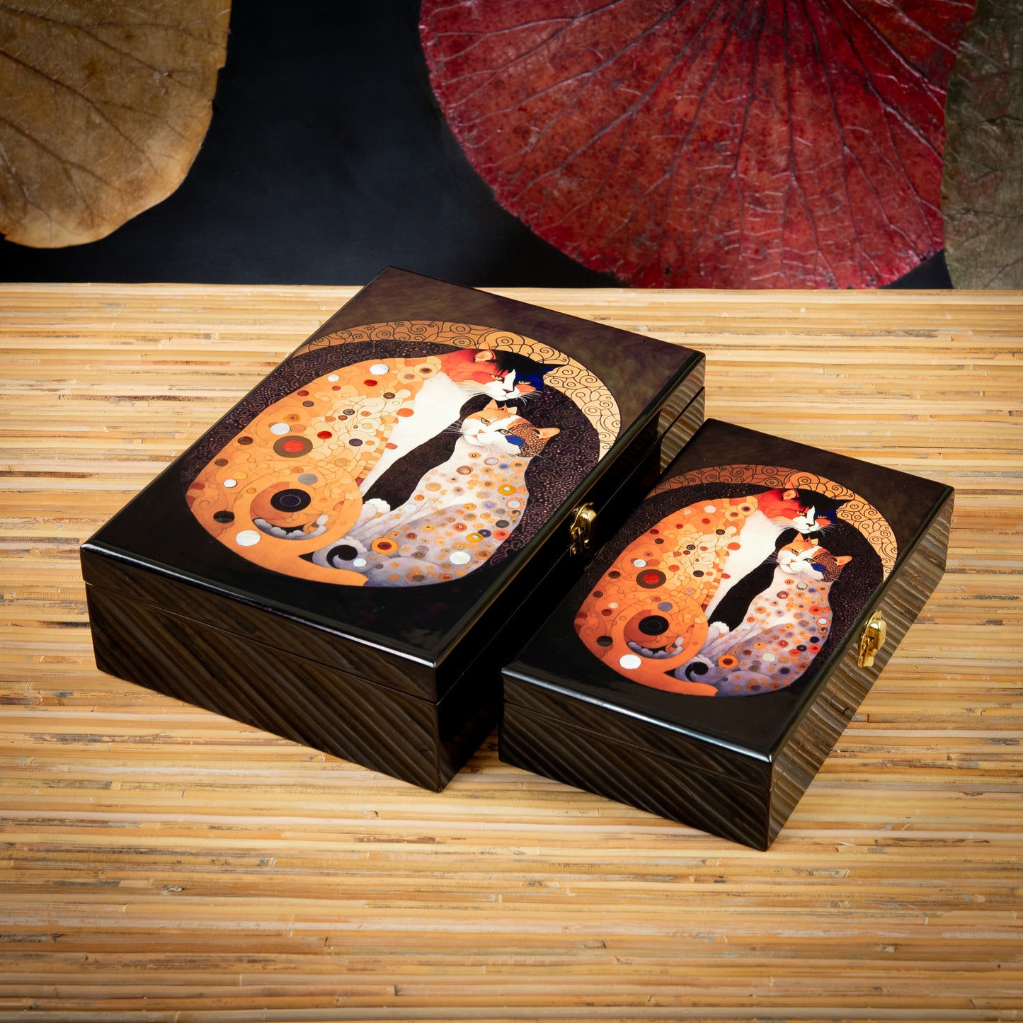 Cats/Moon Painted on Top Rectangle Lacquer Jewelry Box with Mirror and Key