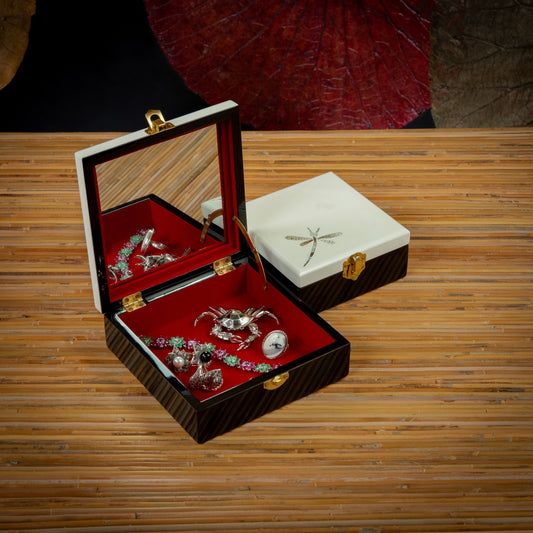 Dragonfly Design Square Lacquer Jewelry Box with Mirror and Egg Shell