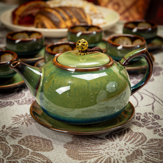 Green/Brown Ceramic Tea Set with 1 Long Teapot, 6 Flower Tea Cups & Round Coasters