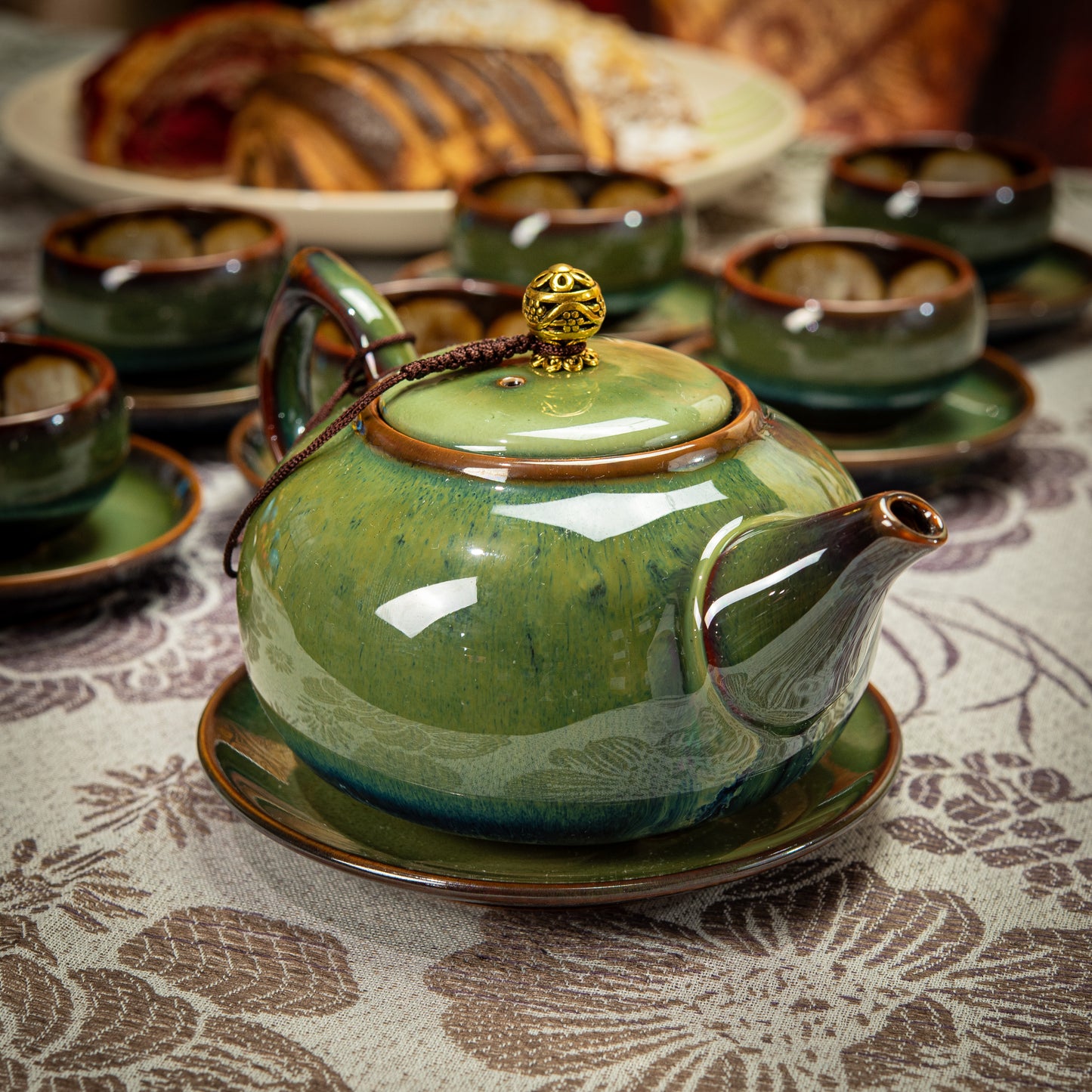 Green/Brown Ceramic Tea Set with 1 Long Teapot, 6 Flower Tea Cups & Round Coasters