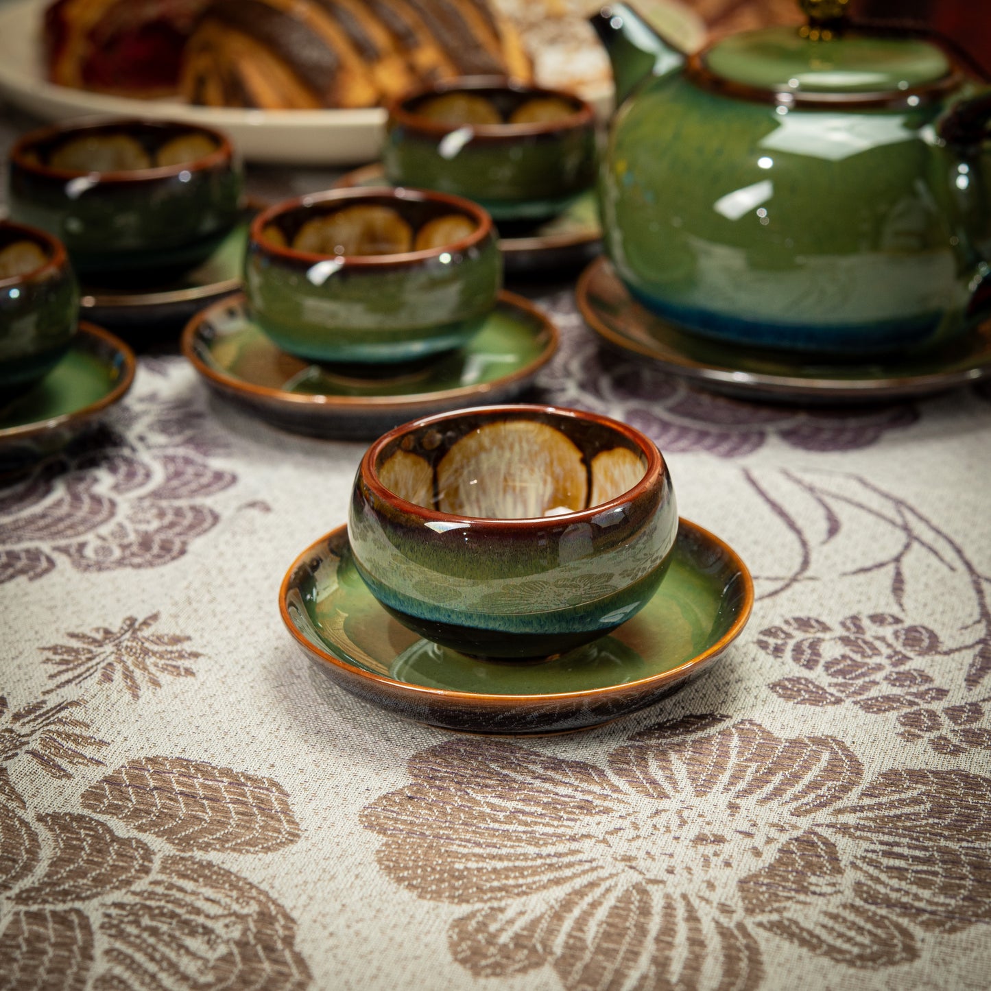 Green/Brown Ceramic Tea Set with 1 Long Teapot, 6 Flower Tea Cups & Round Coasters
