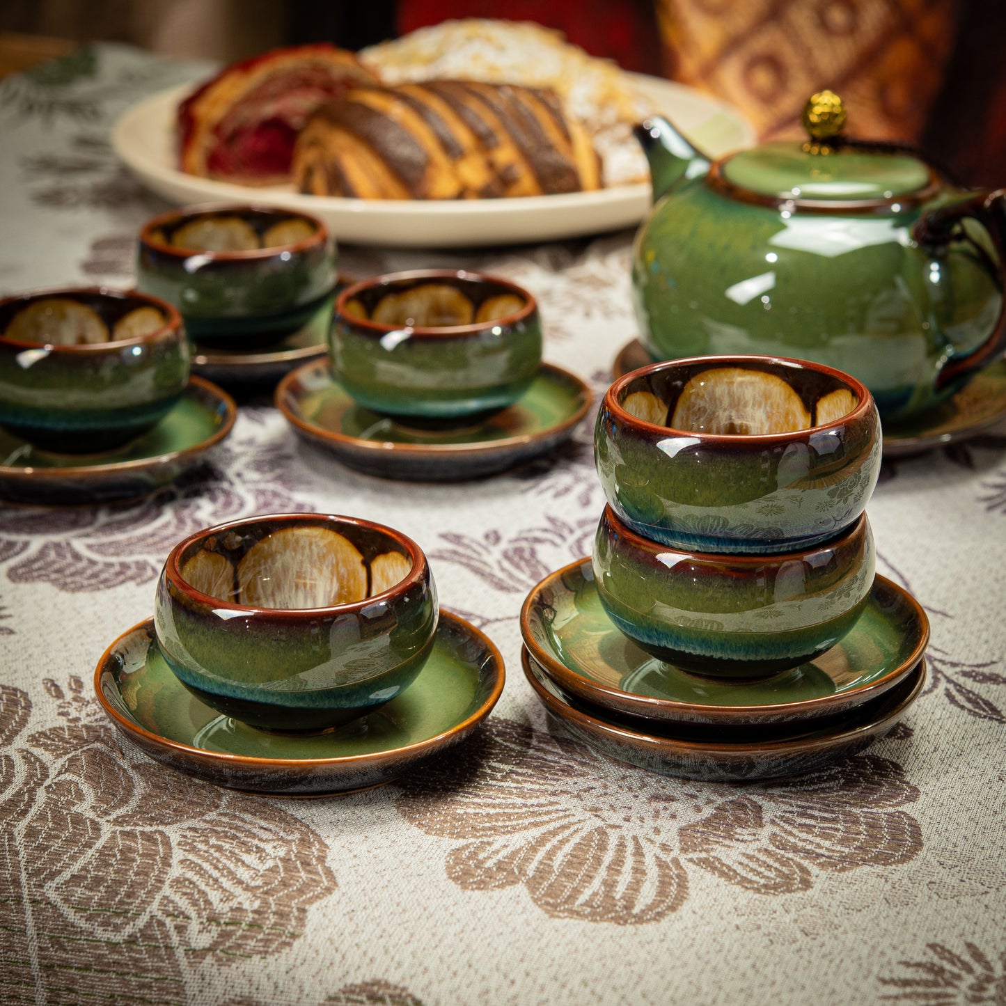 Green/Brown Ceramic Tea Set with 1 Long Teapot, 6 Flower Tea Cups & Round Coasters