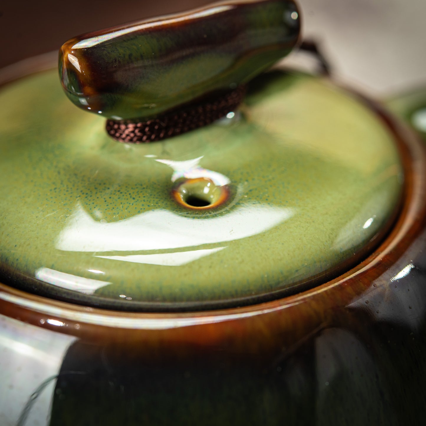 Green/Brown Ceramic Tea Set with 1 Teapot, 6 Flower Tea Cups & Round Coasters