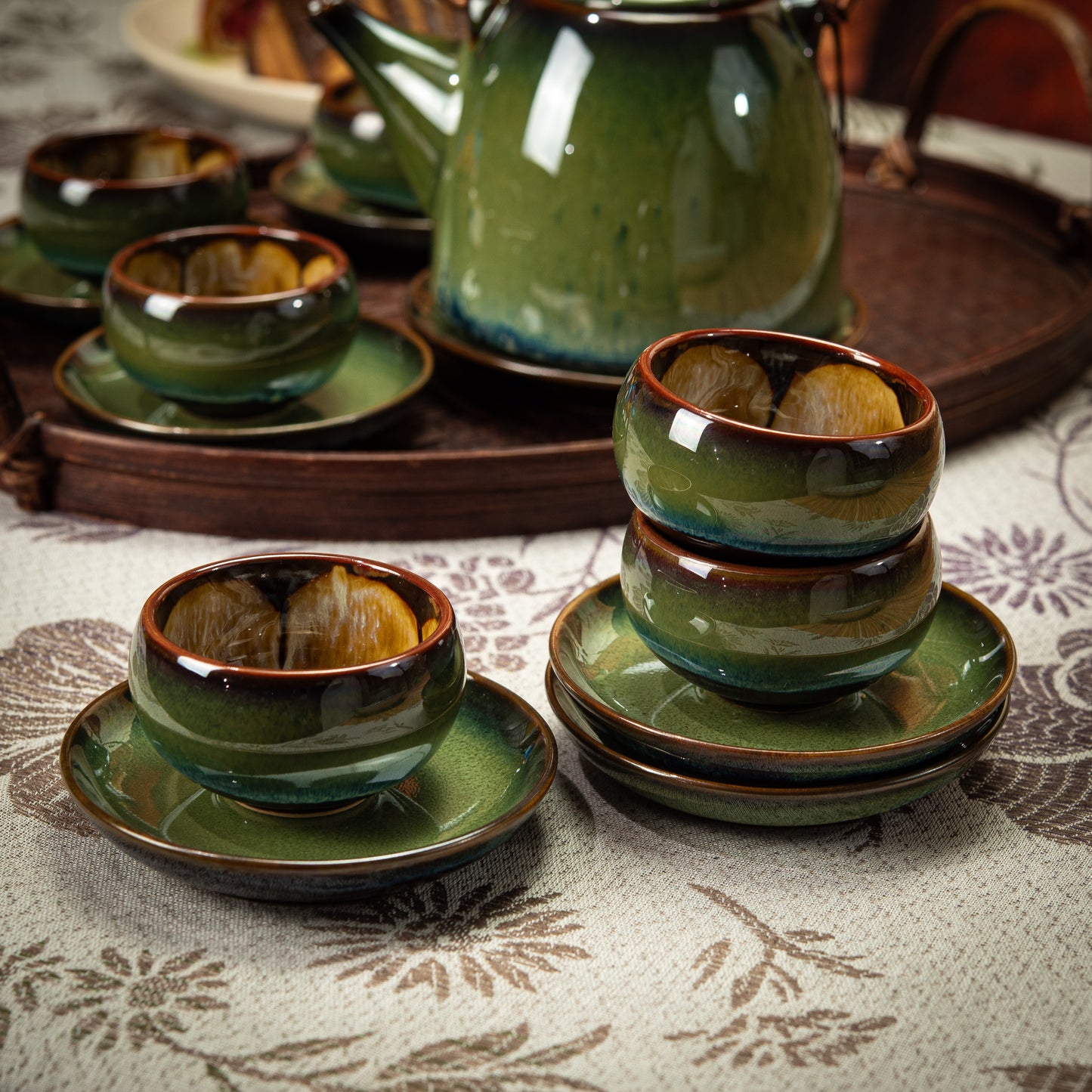 Green/Brown Ceramic Tea Set with 1 Teapot, 6 Flower Tea Cups & Round Coasters