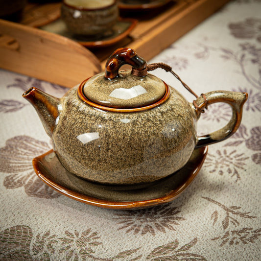 Textured Brown Stoneware Tea Set with Teapot, Jug, Jar & 6 Tea Cups with Square Saucers