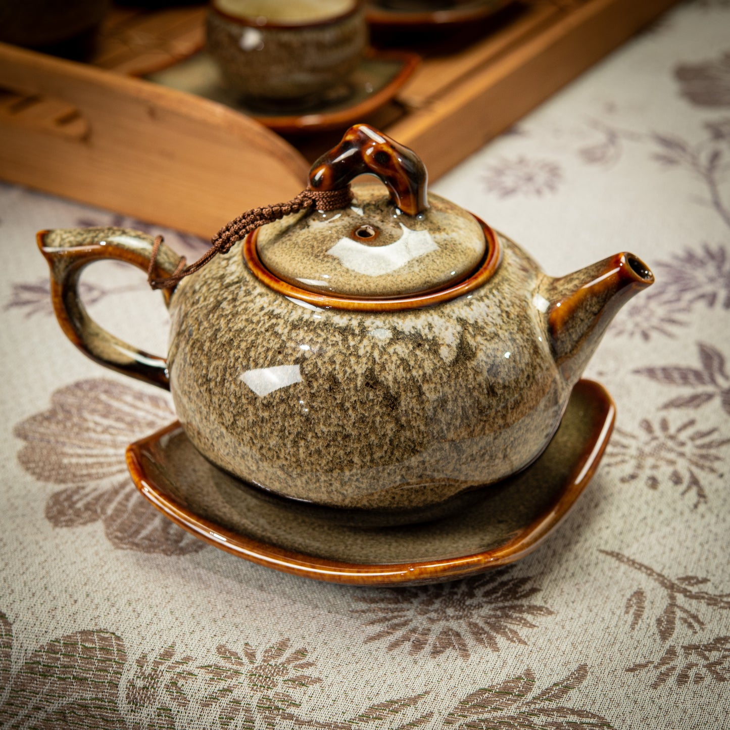 Textured Brown Stoneware Tea Set with Teapot, Jug, Jar & 6 Tea Cups with Square Saucers