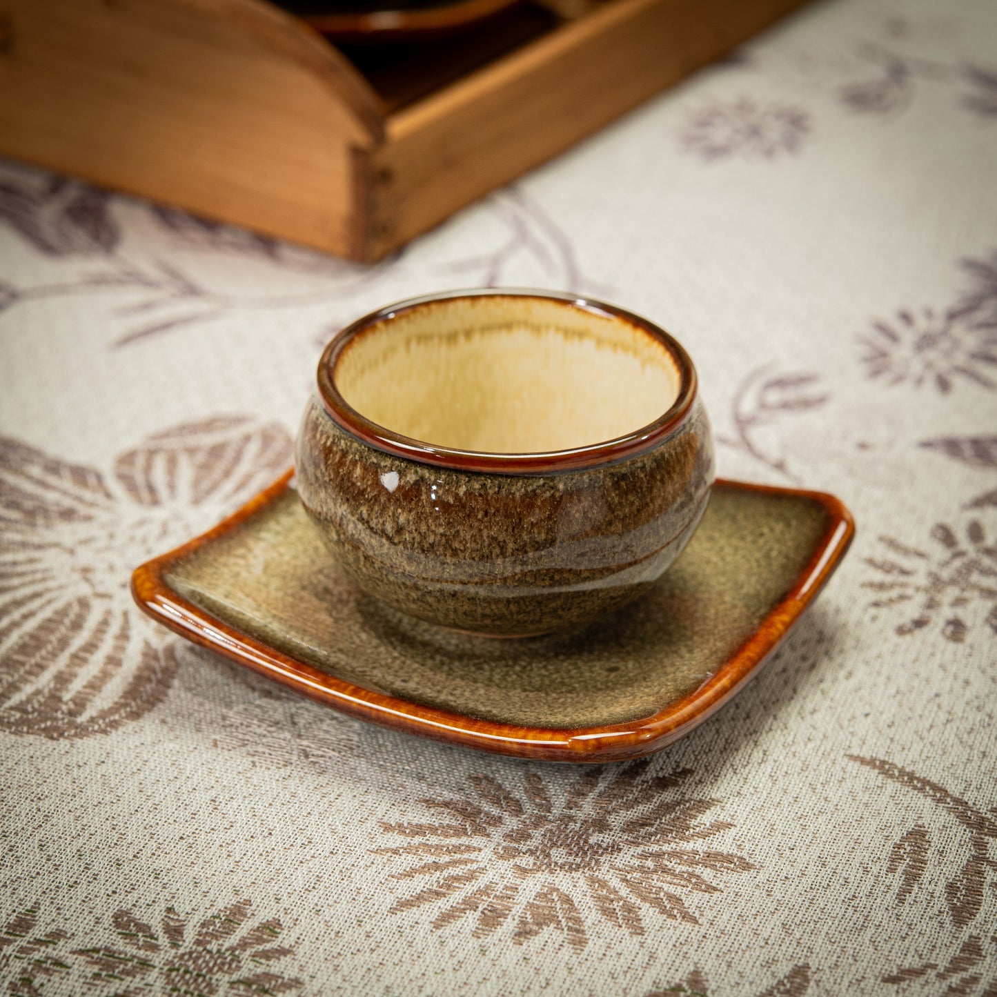 Textured Brown Stoneware Tea Set with Teapot, Jug, Jar & 6 Tea Cups with Square Saucers
