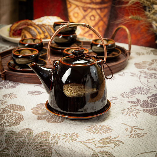 Dark Brown Stoneware Tea Set with 1 Teapot, 6 White Flower Tea Cups & Round Coasters