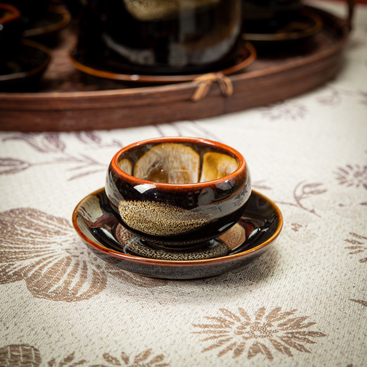 Dark Brown Stoneware Tea Set with 1 Teapot, 6 White Flower Tea Cups & Round Coasters