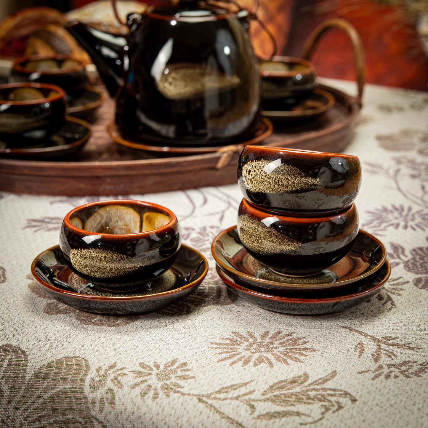 Dark Brown Stoneware Tea Set with 1 Teapot, 6 White Flower Tea Cups & Round Coasters