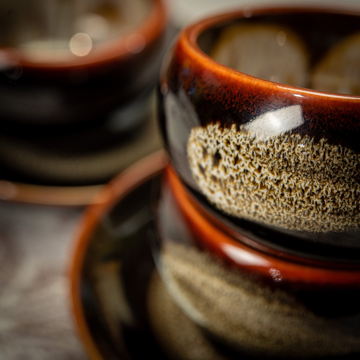 Dark Brown Stoneware Tea Set with 1 Teapot, 6 White Flower Tea Cups & Round Coasters