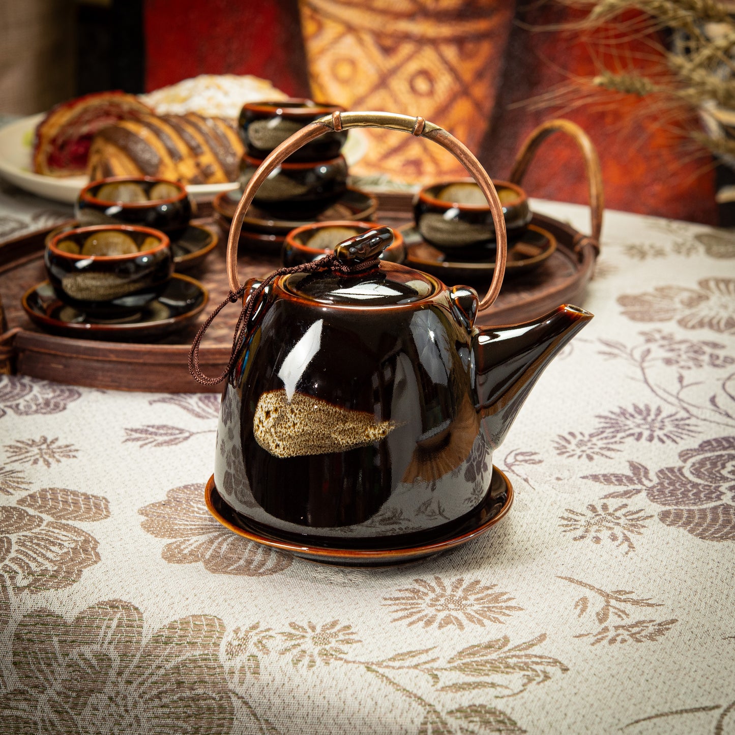 Dark Brown Stoneware Tea Set with 1 Teapot, 6 White Flower Tea Cups & Round Coasters