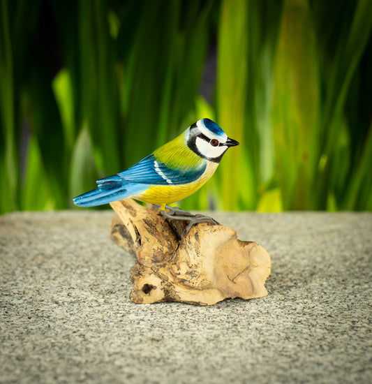 Hand Made Hand Painted Wooden Sculpture of a Eurasian Blue Tit