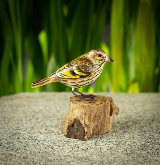 Hand Made Hand Painted Wooden Sculpture of a Pine Siskin