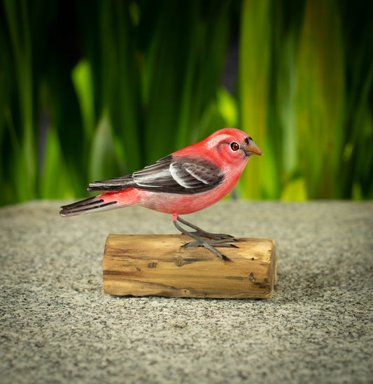 Hand Made Hand Painted Wooden Sculpture of a Pine Grosbeak