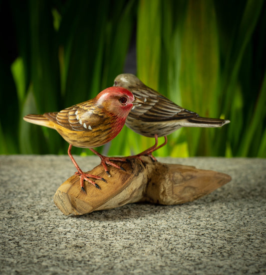 Hand Made Hand Painted Wooden Sculpture of a Pair of House Finches