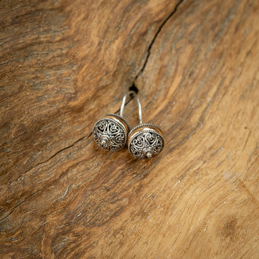 Balinese Sterling Silver Ball Dangle Earrings With Middle Ring Gold 18 Carat Plated, 10mm