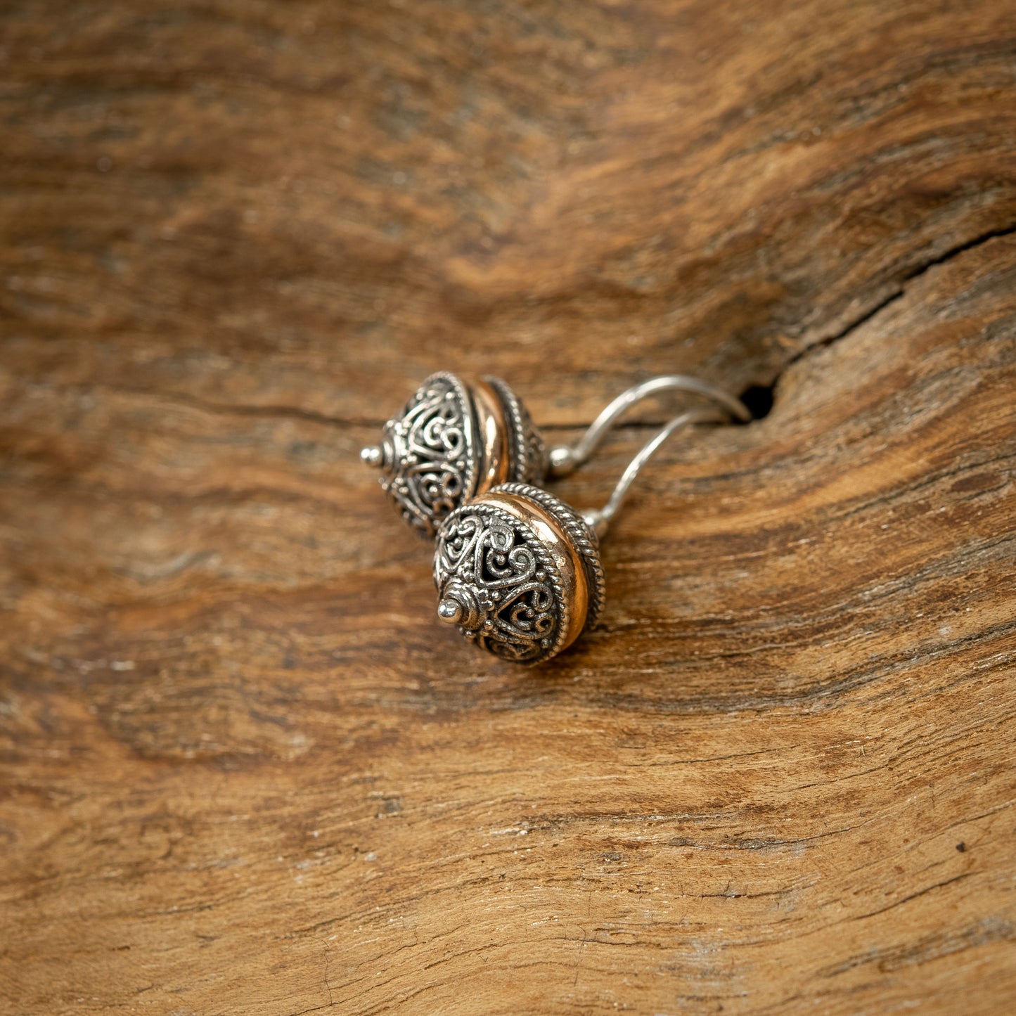 Balinese Sterling Silver Ball Dangle Earrings With Middle Ring Gold 18 Carat Plated, 10mm