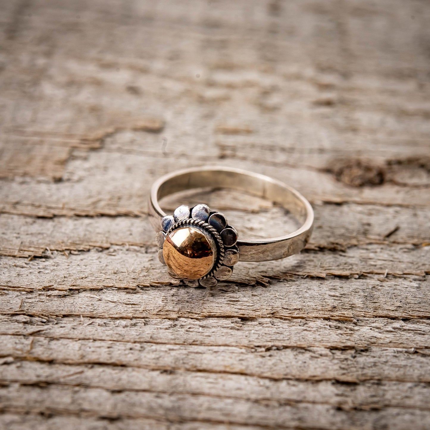 Balinese Sterling Silver Flower Ring With Round Gold 18 Carat Plated, Sizes 5.25 To 9.5