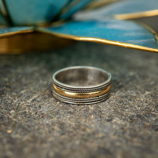 Balinese Sterling Silver Ring With Centered-Band Gold 18 Carat Plated, Sizes 5.75 To 11.25