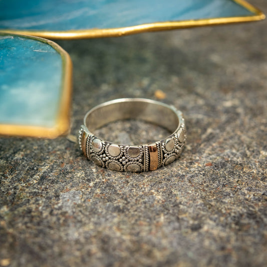 Balinese Sterling Silver Granulation Ring With 3-Band Gold 18 Carat Plated, Sizes 5.5 To 9