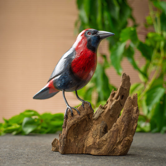 Hand Made Hand Painted Wooden Sculpture of a Crimson Collared Tanager