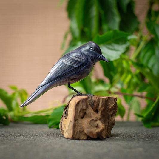Hand Made Hand Painted Wooden Sculpture of a Black Phoebe