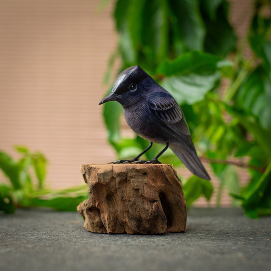 Hand Made Hand Painted Wooden Sculpture of a Black Phoebe