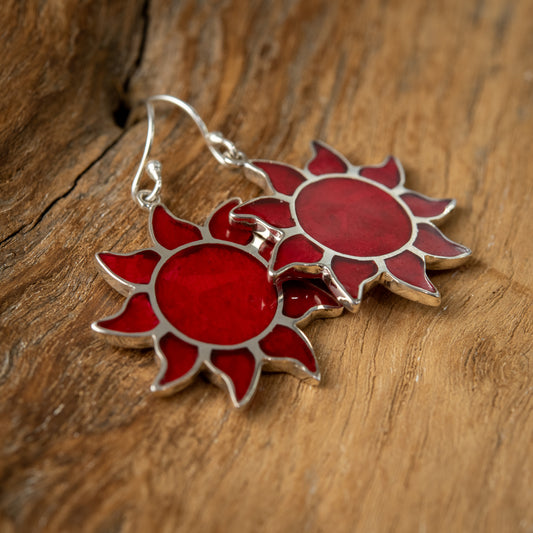 Sterling Silver Sun Dangle Earrings With Coral, 25mm