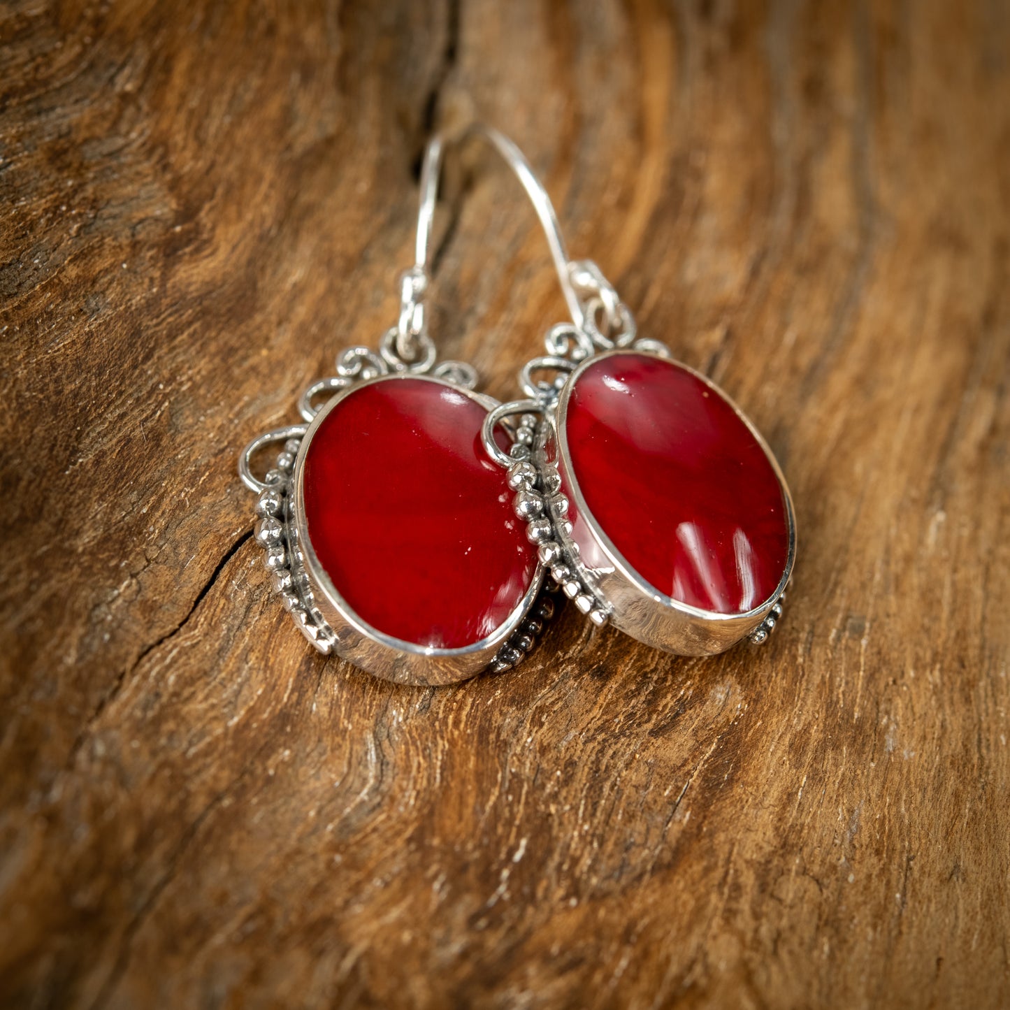 Sterling Silver Oval Dangle Earrings With Coral, 15mm