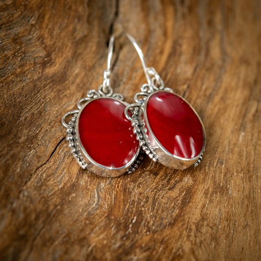 Sterling Silver Oval Dangle Earrings With Coral, 15mm