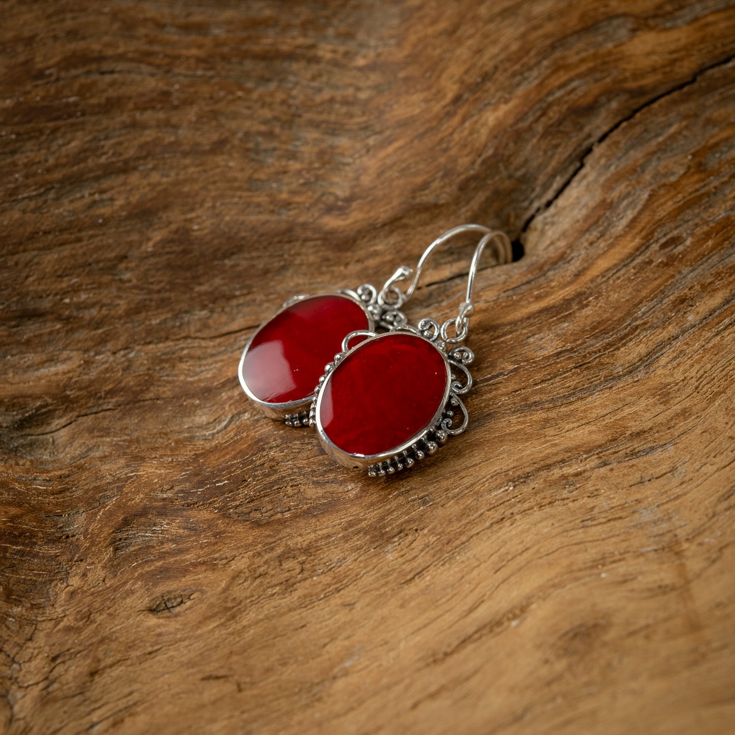 Sterling Silver Oval Dangle Earrings With Coral, 15mm