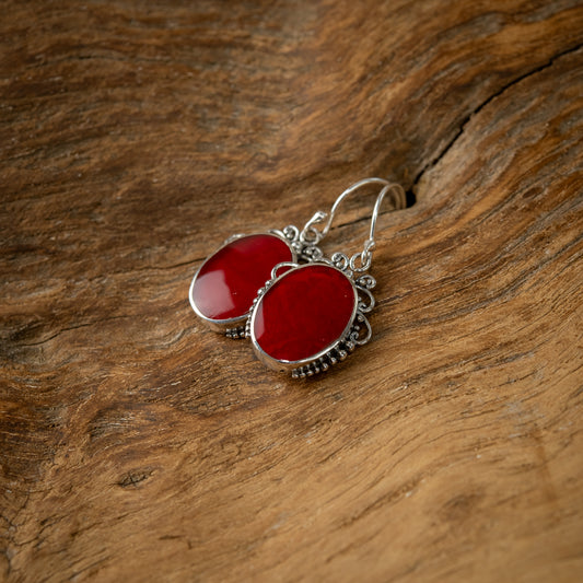 Sterling Silver Oval Dangle Earrings With Coral, 15mm