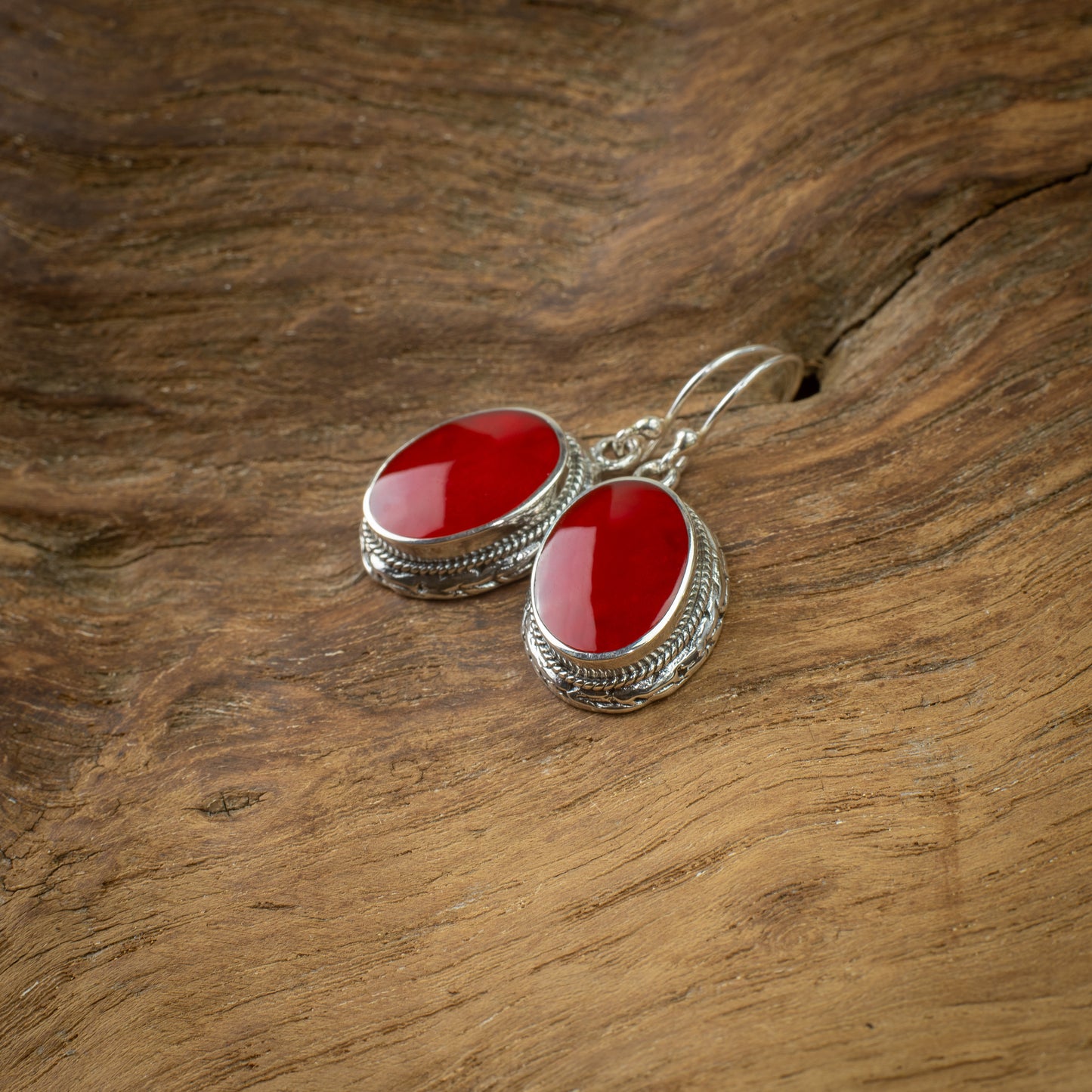 Sterling Silver Braided Oval Dangle Earrings With Coral, 17mm