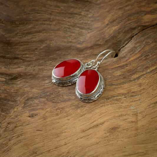 Sterling Silver Braided Oval Dangle Earrings With Coral, 17mm