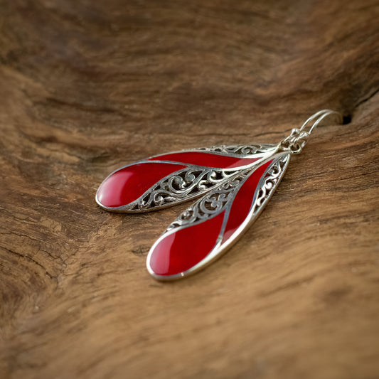 Sterling Silver Long Teardrop Shape Dangle Earrings With Coral, 40mm