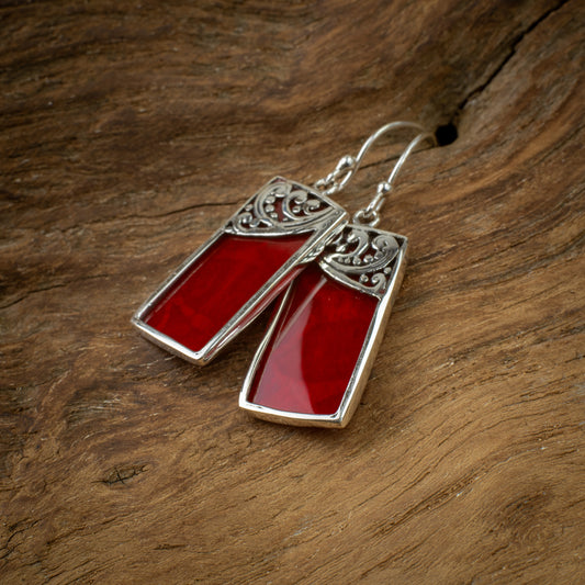 Sterling Silver Reversible Rectangle Dangle Earrings With Jewel