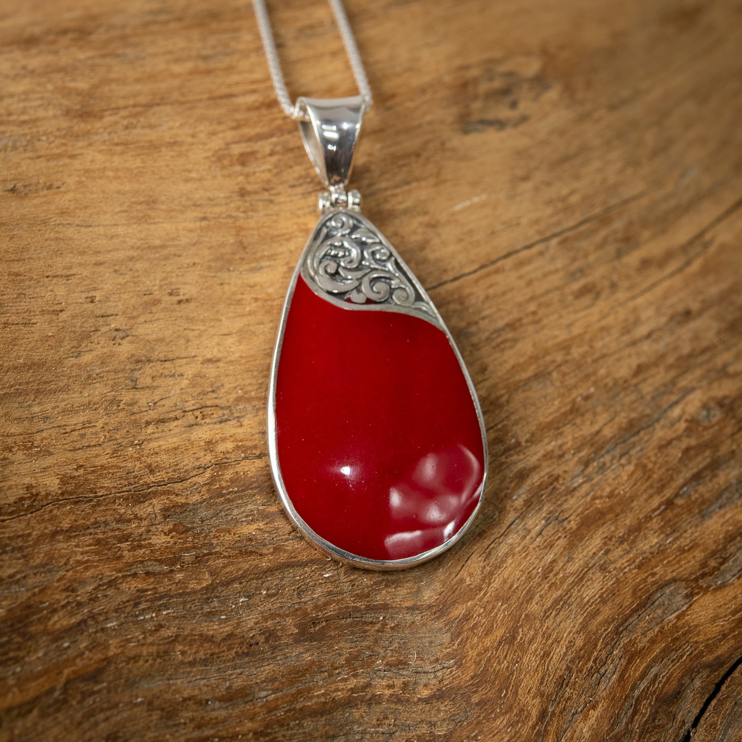 Sterling Silver Teardrop Pendant With Coral, 40mm