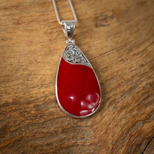 Sterling Silver Teardrop Pendant With Coral, 40mm