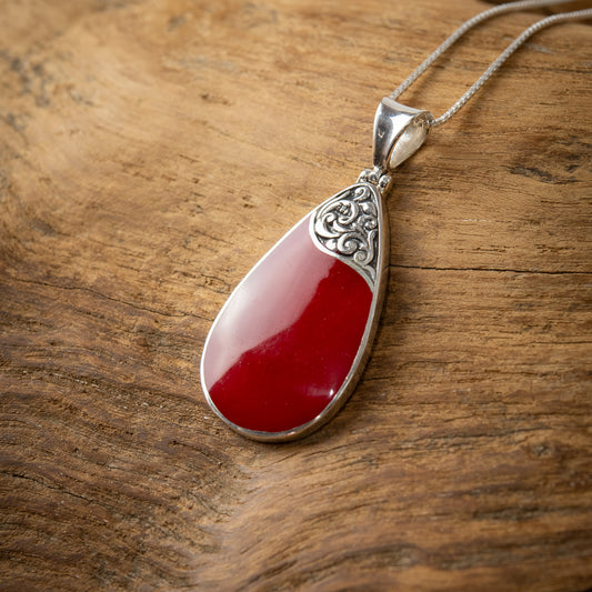 Sterling Silver Teardrop Pendant With Coral, 40mm