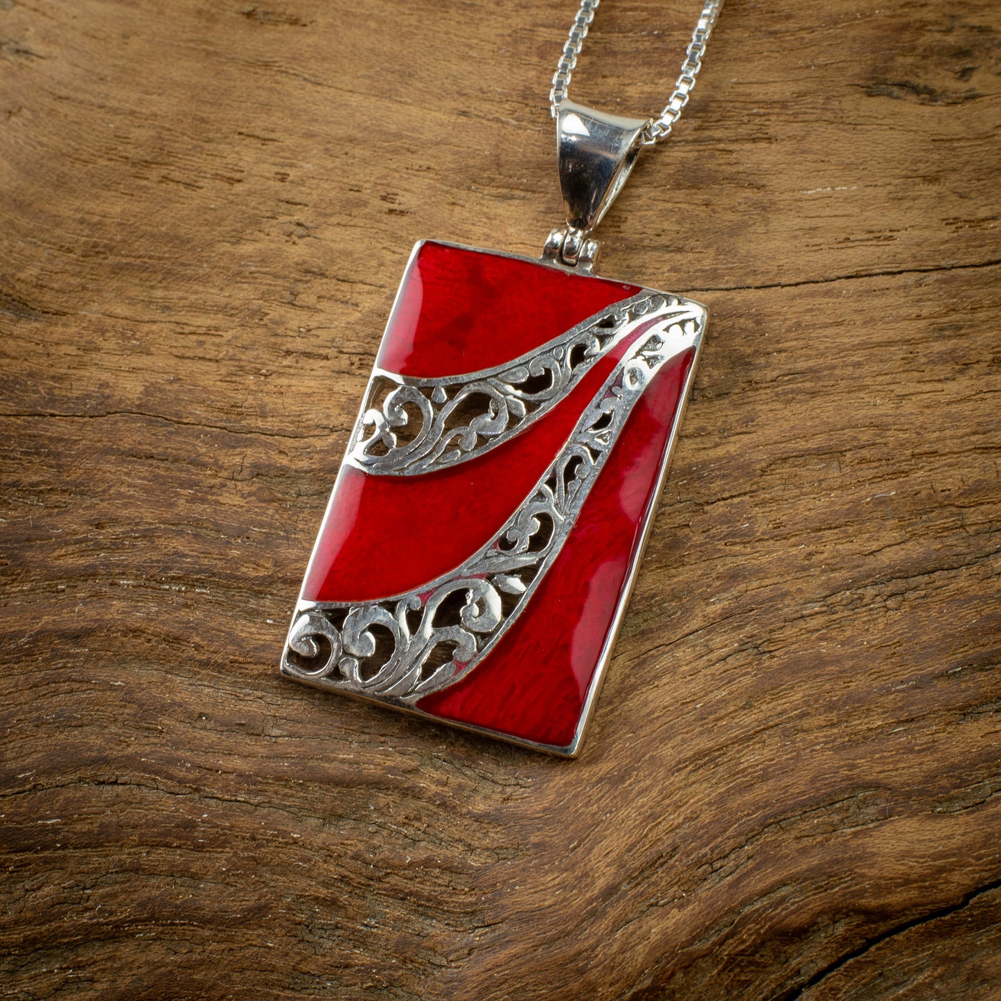 Sterling Silver Rectangle Pendant With Coral, 23mm x 35 mm