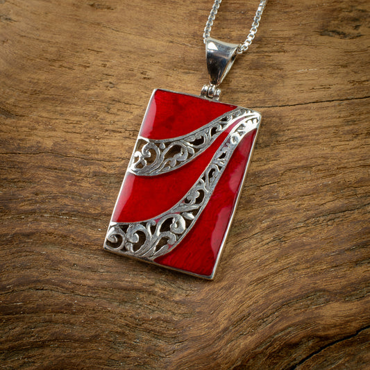 Sterling Silver Rectangle Pendant With Coral, 23mm x 35 mm
