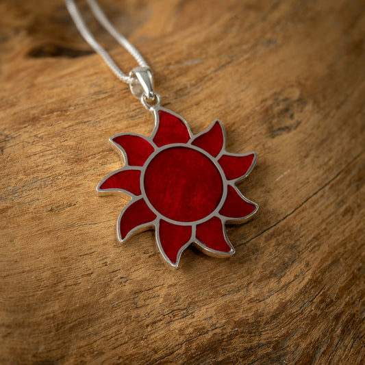 Sterling Silver Sun Pendant With Coral, 33mm