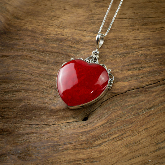 Sterling Silver Big Heart Pendant With Coral